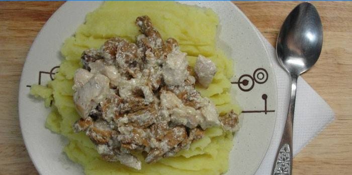 Bijgerecht van kip met champignons in zure room en aardappelpuree