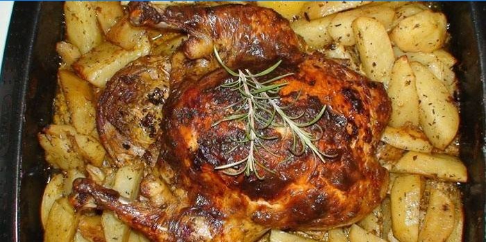Kip op een aardappel kussen op een bakplaat