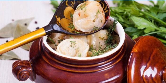 Dumplings in een saus met lever in een pot