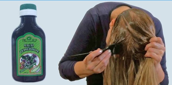 Vrouw zet klisolie op haar haar
