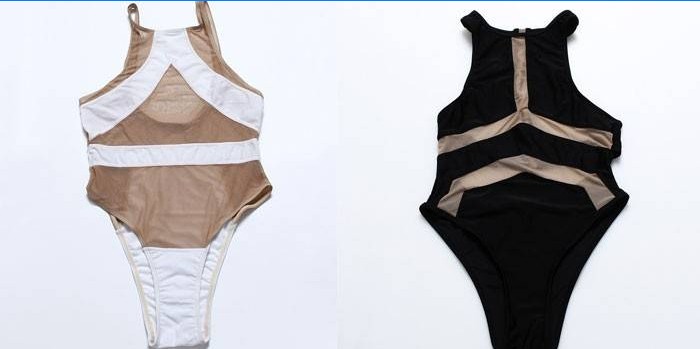Twee modellen dames zwemkleding van het merk Stripsky met transparante inzetstukken