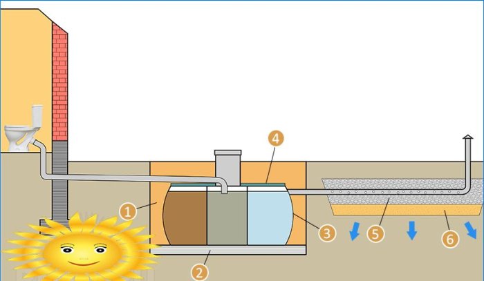 Installatieschema van een septic tank met drie kamers en een filterveld