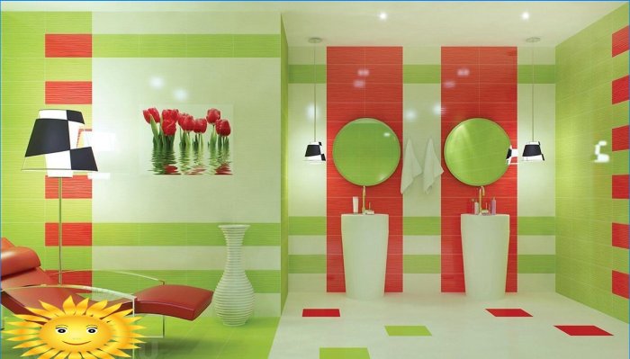 De combinatie van rode en groene tegels in het interieur