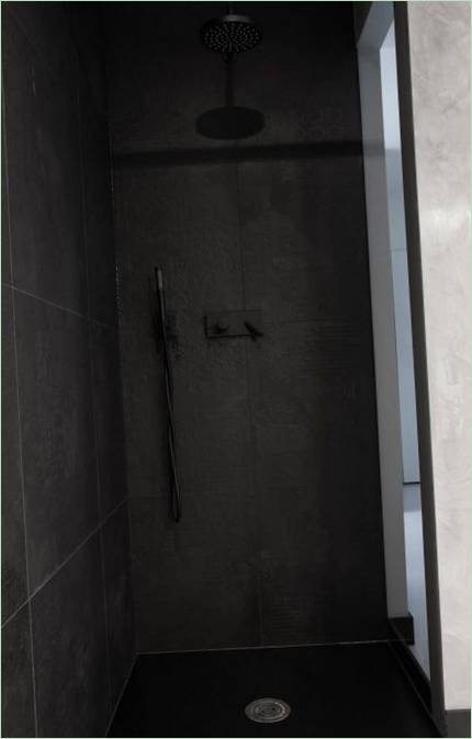 Een flat in grijs. Badkamer