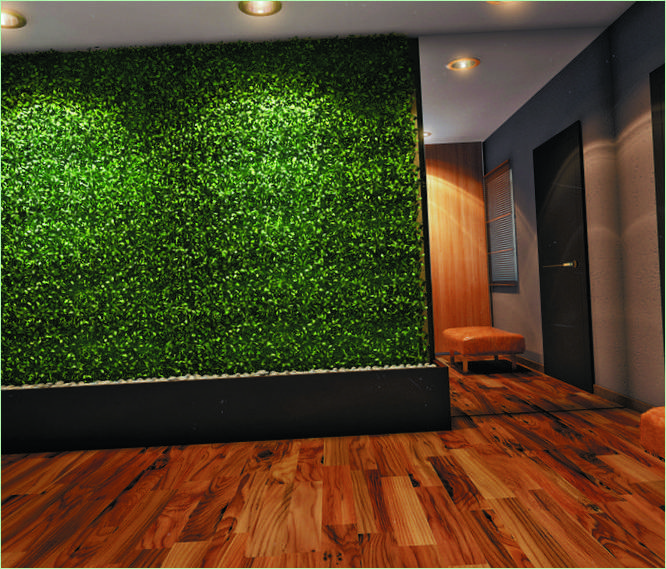 Een decoratieve groene muur van levende planten in een eco-chique appartement in Wit-Nederland