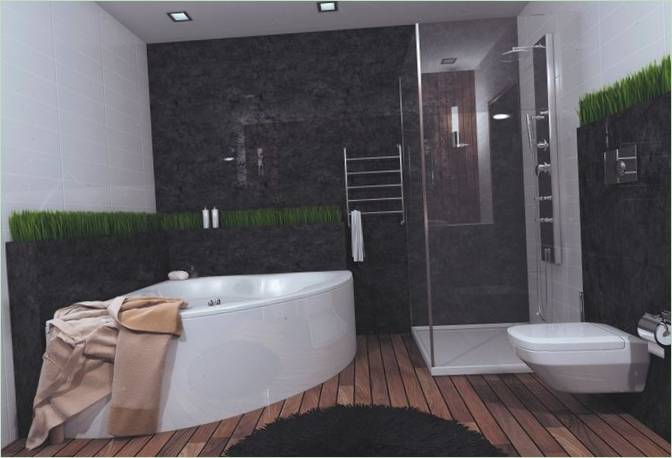 Wit hoekbad, glazen douche en witte WC in een eco-chique appartement in Wit-Nederland