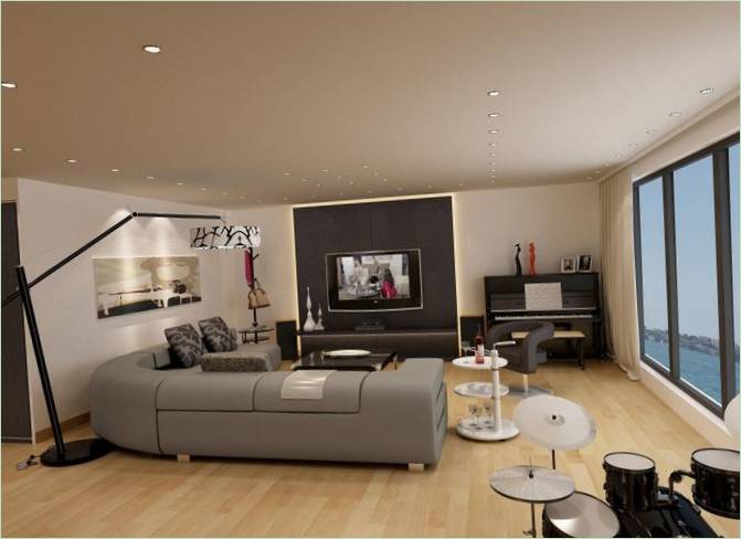 Moderne woonkamer met panoramische ramen