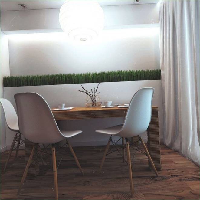Een houten tafel en witte stoelen in een eco-chique appartement in Wit-Nederland