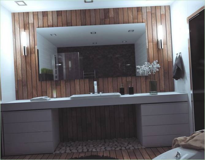 Badkamer met hout en zeestenen in een eco-chique appartement in Wit-Nederland